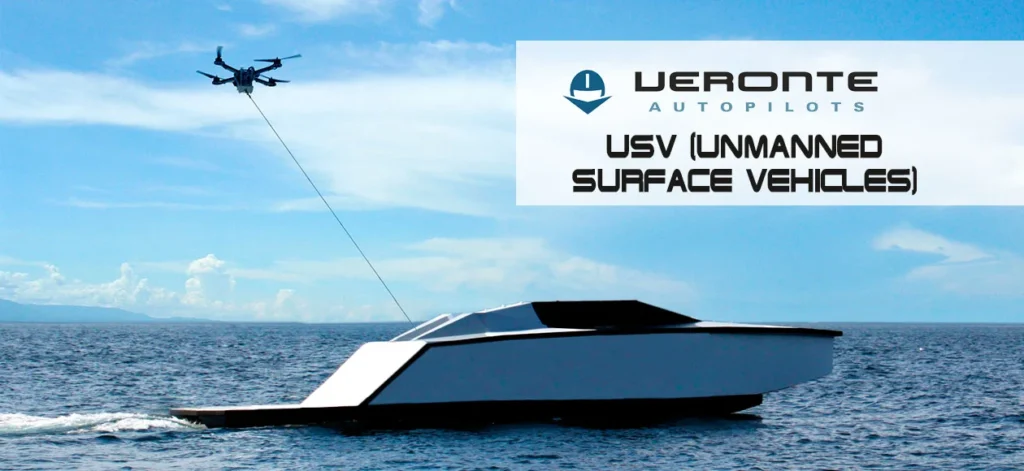 Veronte Autopilots showcases USV (Unmanned Surface Vehicles) technology. The image depicts a USV and UAV working together, highlighting advanced maritime applications.