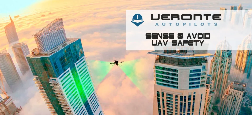 Veronte Autopilots demonstrates UAV safety with "Sense & Avoid" technology. The image shows a UAV navigating safely among skyscrapers using advanced radar integration.