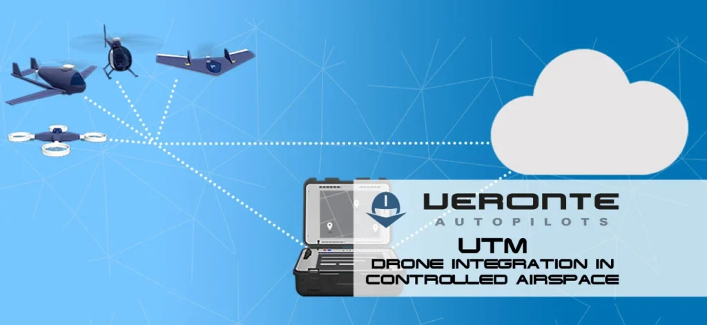 Promotional image for Veronte Autopilots featuring UTM drone integration in controlled airspace, displaying various UAVs networked with a control system on a laptop, all linked by digital connections against a cloud and blue sky background.