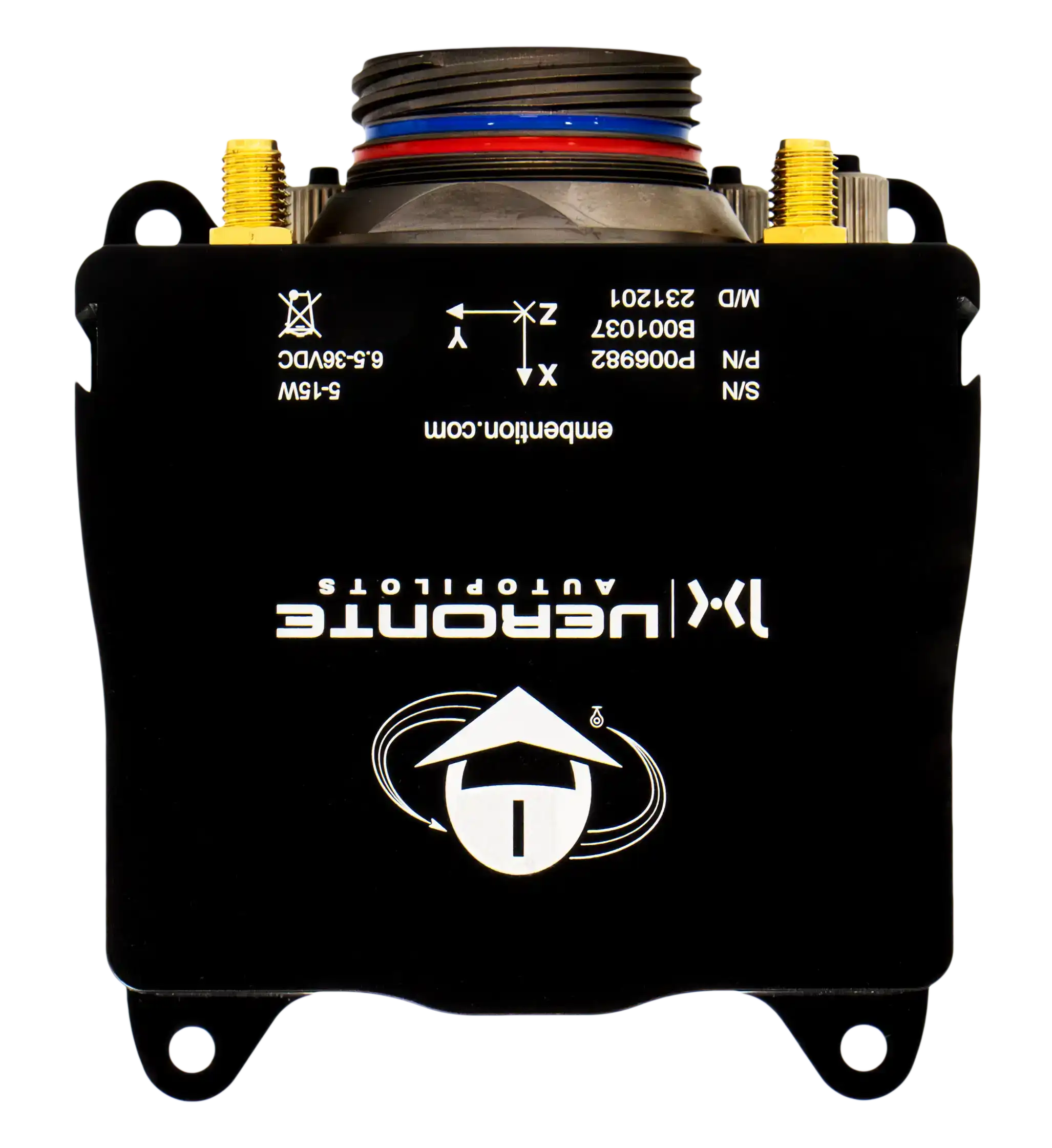 Reverse view of a black electronic module labeled 'Veronte Autopilots' upside down, featuring prominent golden connectors and colorful cable harnesses, set against a dark backdrop