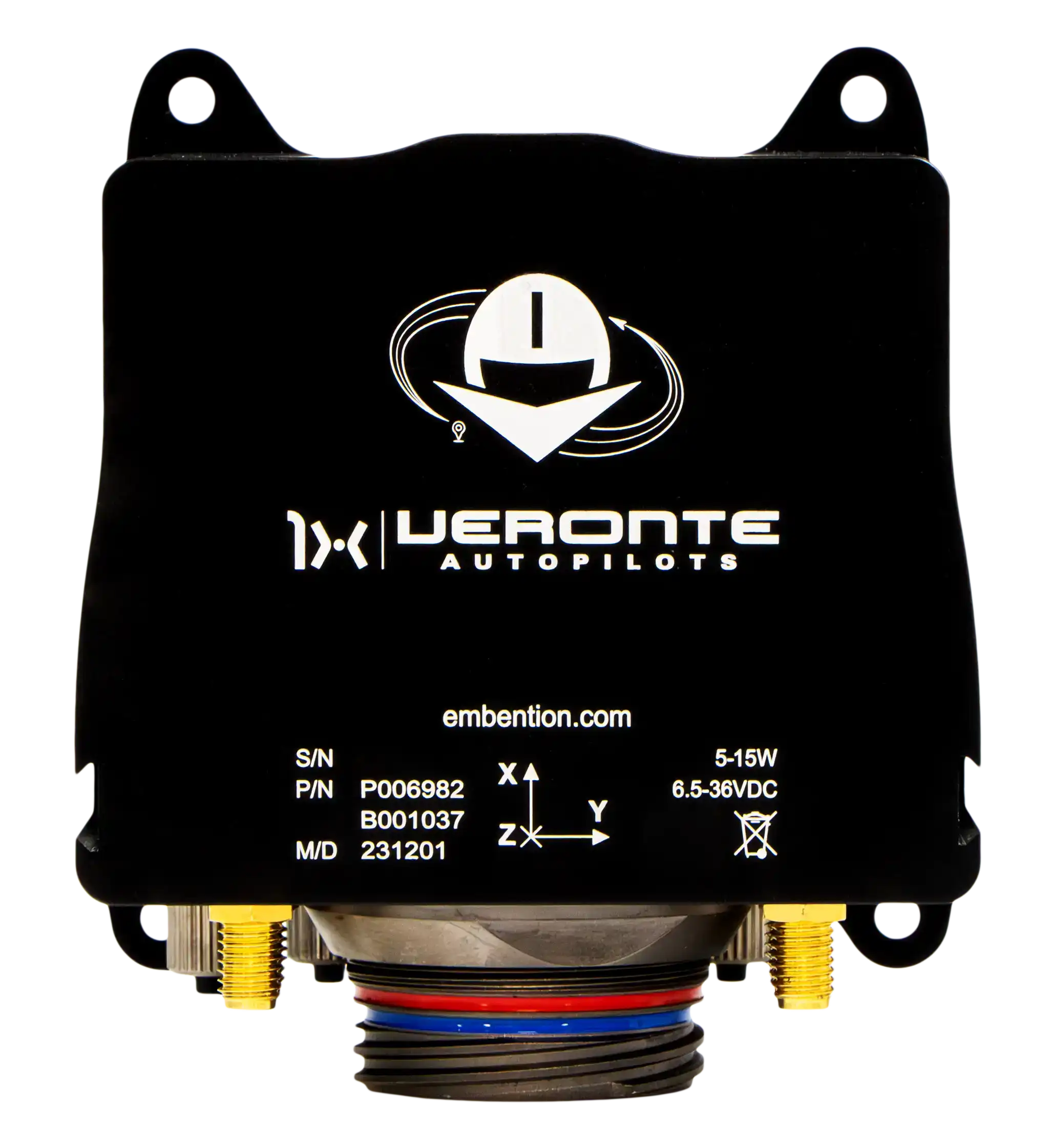 Close-up of a black cube-shaped electronic module labeled 'Veronte Autopilots' with detailed markings including serial numbers and voltage specifications, set against a dark background