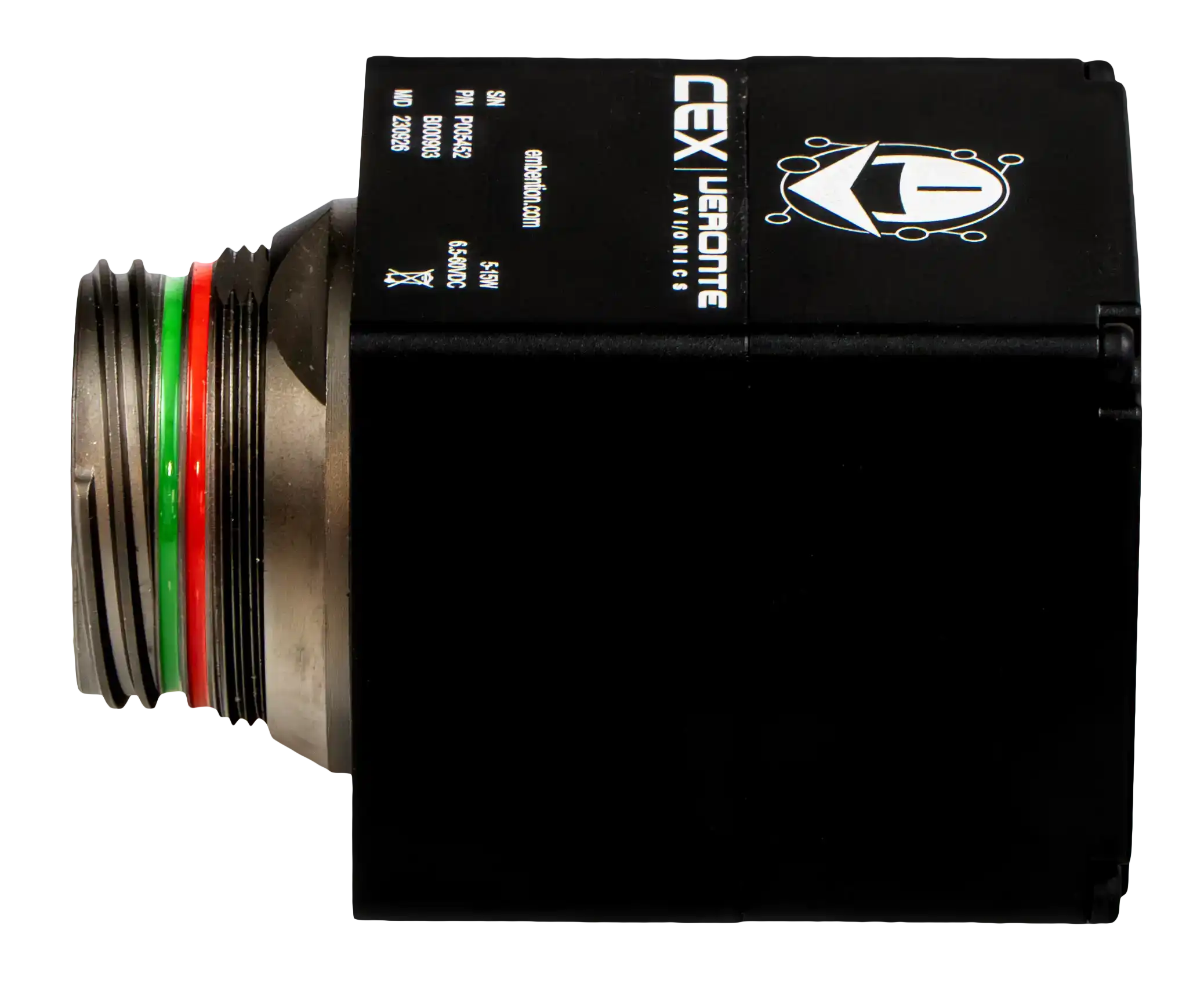 The image features an aviation circular connector labeled "CEX | Veronte Avionics" by Embention, showcasing a multi-pin design and color-coded rings on a robust metallic interface.