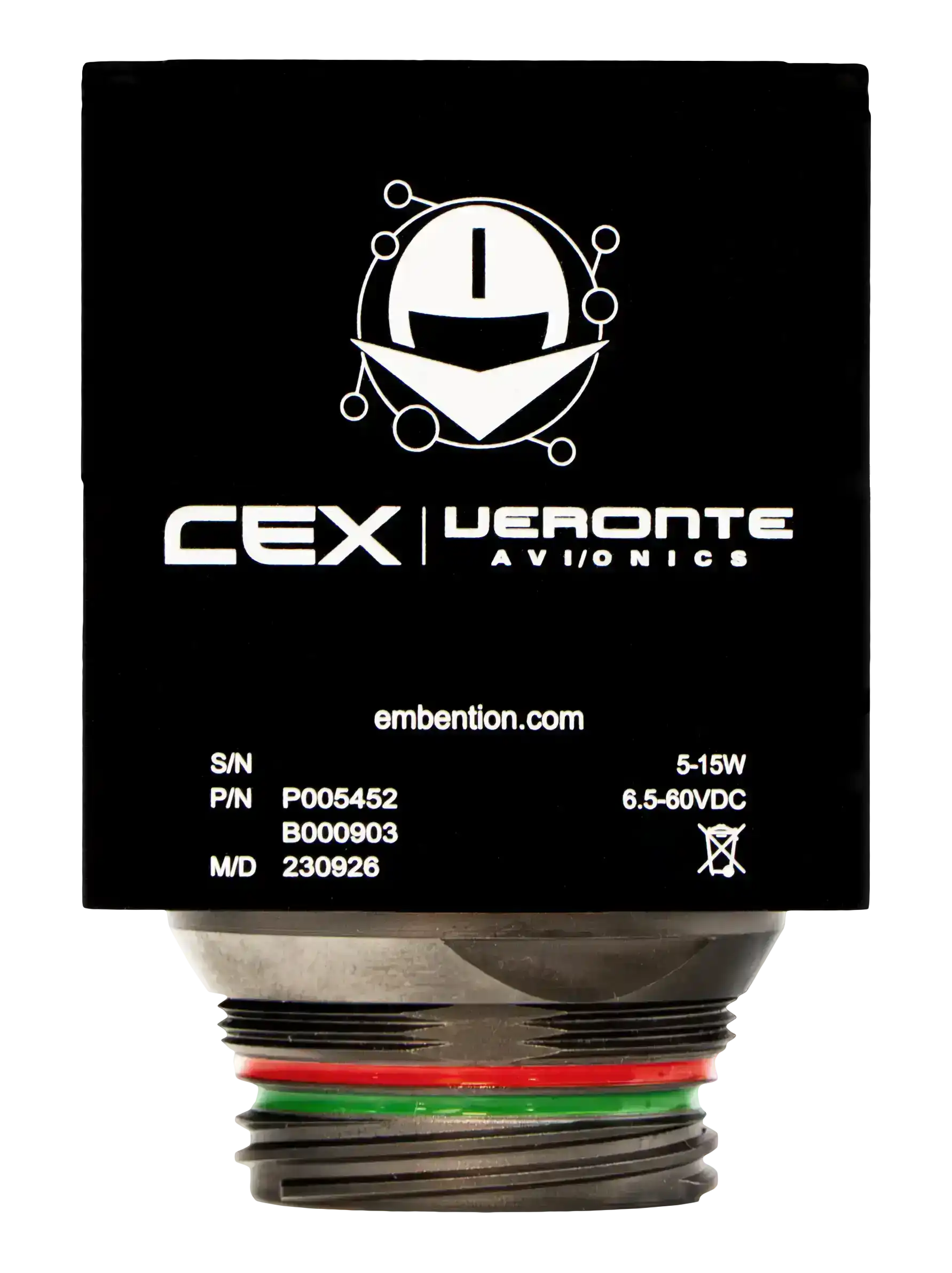 The image displays an aviation circular connector labeled "CEX | Veronte Avionics" from Embention, featuring a black design with white labeling and color-coded wiring