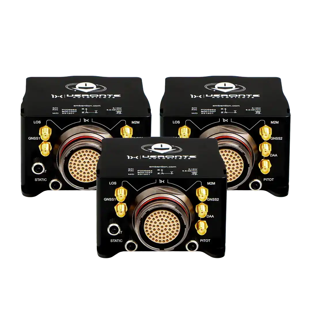 The image features three "DRx | Veronte Autopilots" electronic modules by Embention, each equipped with multiple gold connectors and detailed labeling.