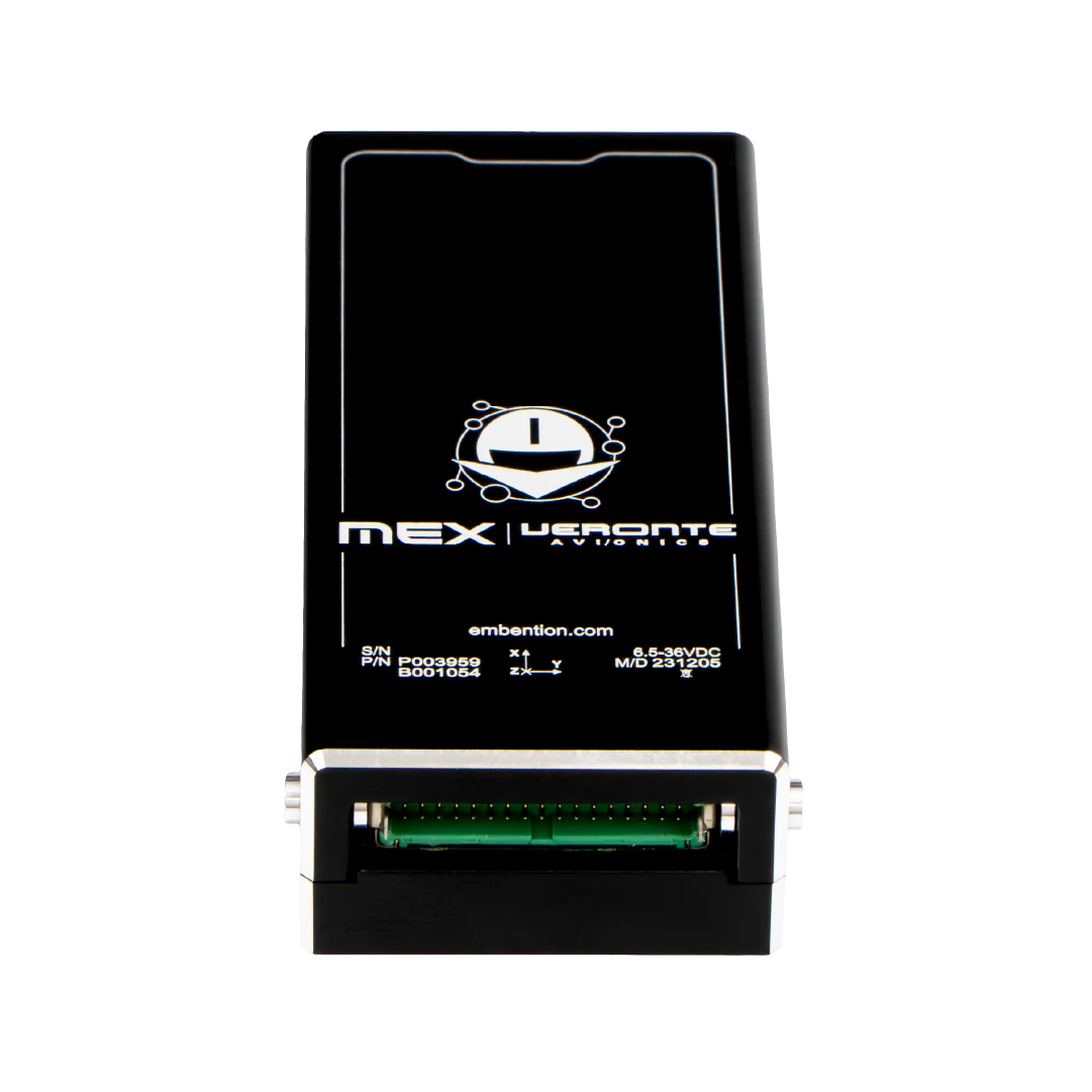 The image displays a rectangular aviation electronics module labeled "MEX | Veronte Avionics" from Embention, with a visible green connector.