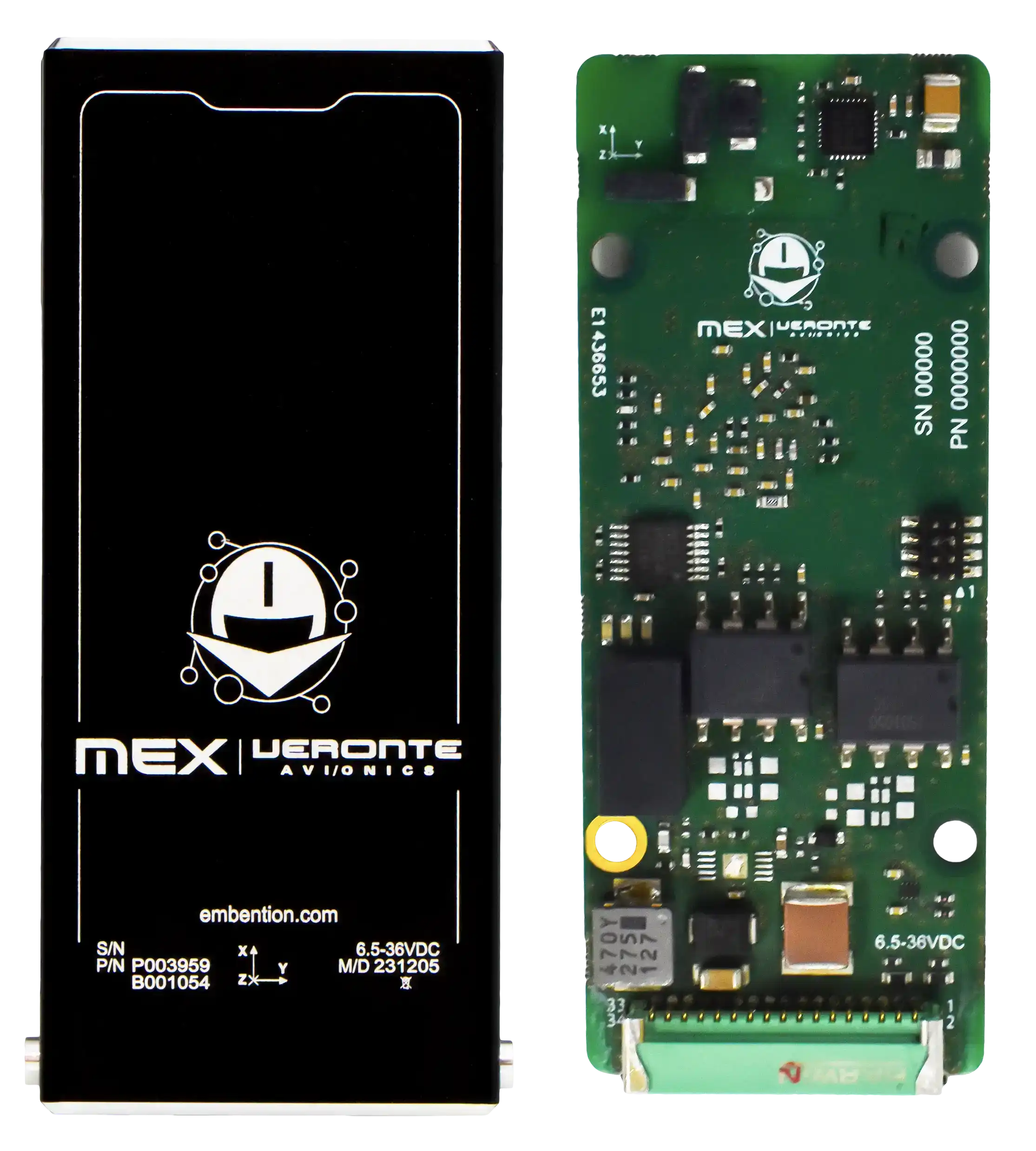 The image displays an "MEX | Veronte Avionics" electronics module by Embention, showing both its labeled exterior and exposed internal circuitry.
