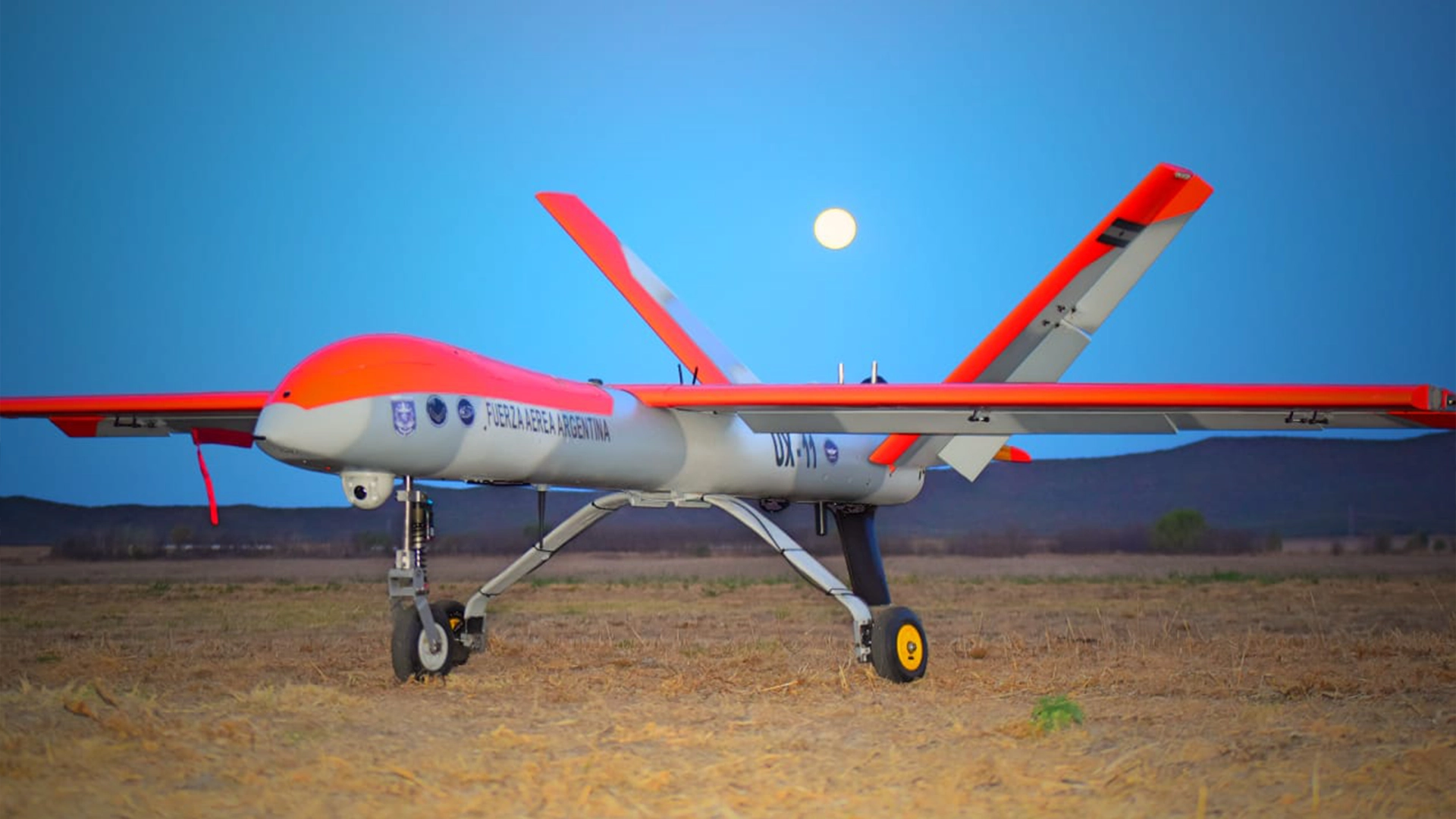 Vigia 2 MALE UAV on the ground at dusk, ready for Argentinian Air Force operations.