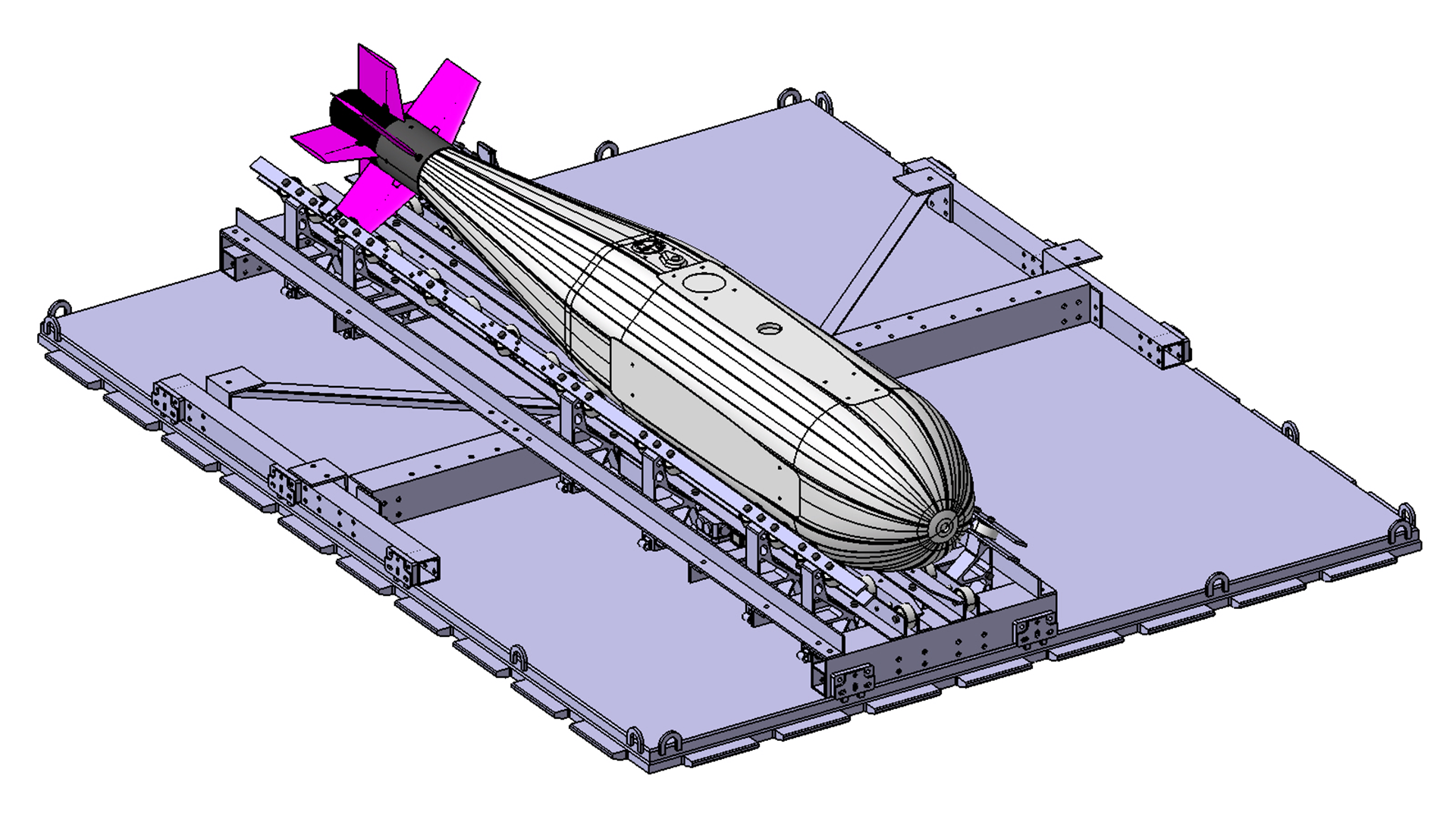 3D model of a guided firefighting drone with pink stabilizing fins mounted on a launch platform.