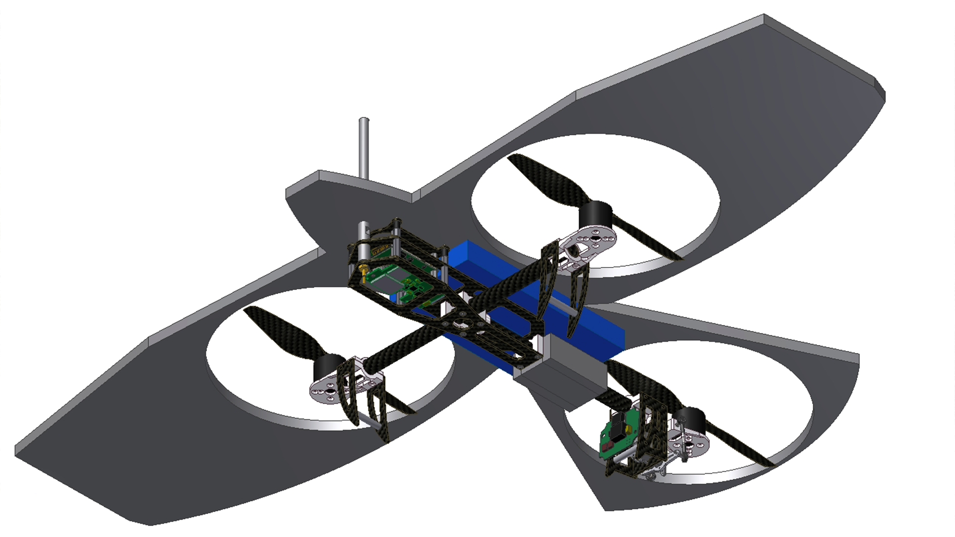 3D rendering of a biomimetic drone design, showcasing its internal components and structure, featuring dual rotors and a sleek aerodynamic body.