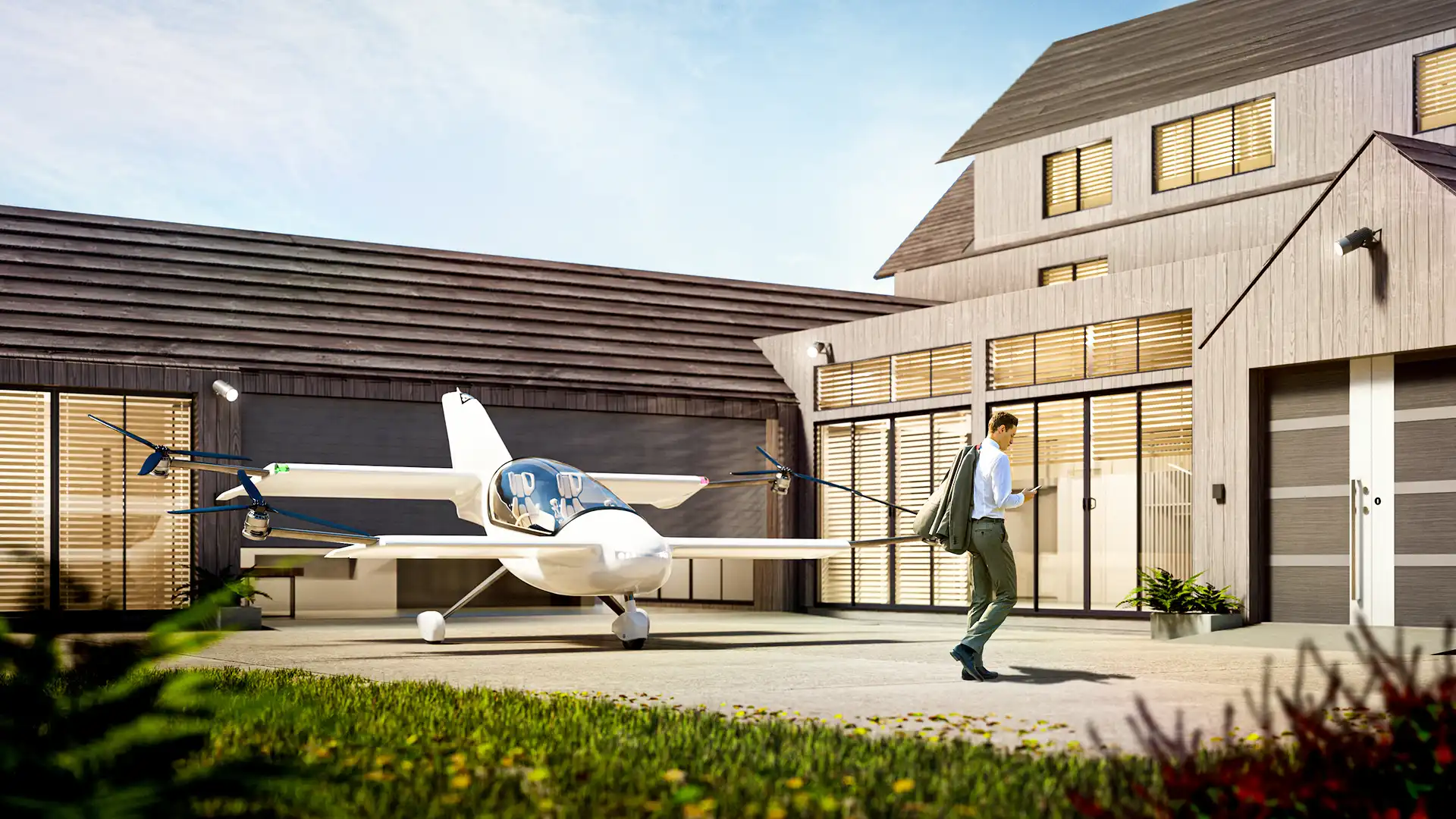 A man walks towards a Skyfly AXE eVTOL parked outside a modern house.