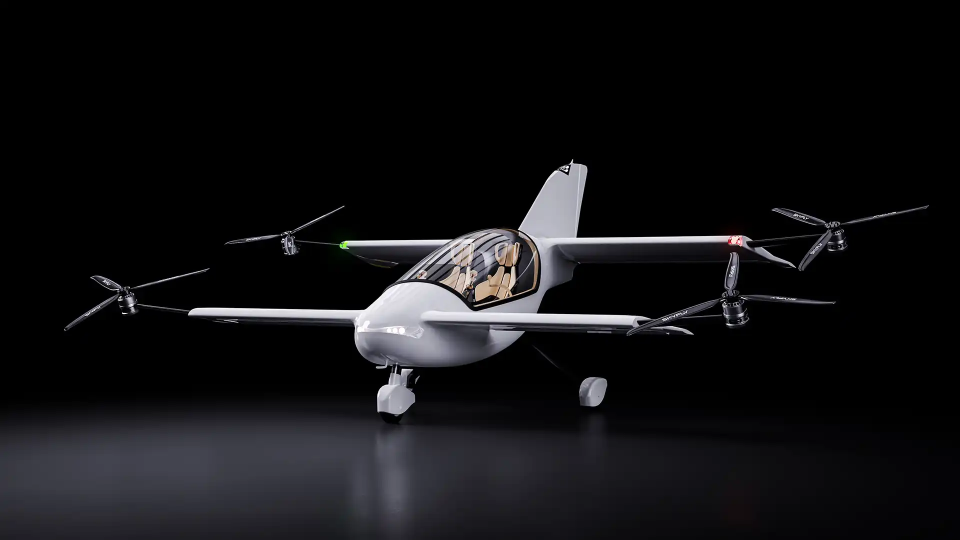 A sleek, futuristic Skyfly AXE eVTOL aircraft displayed against a black background.